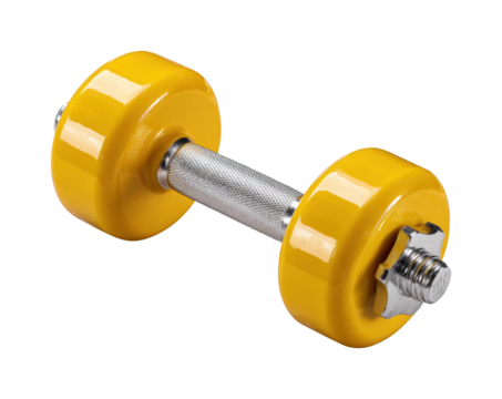 Weightlifting action with yellow dumbbell home gym fitness equipment strength training isolated on transparent background, png - Powered by Adobe