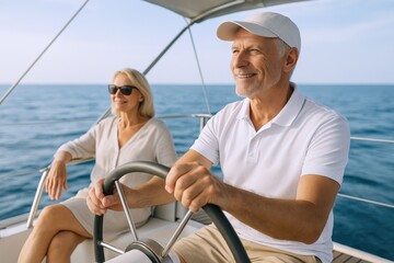 Mature Couple Sailing on Yacht Enjoying Retirement and Vacation on the Blue Ocean