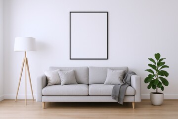 Modern Living Room Interior with Minimalist Frame Mockup, Sofa, Lamp, and Plant against a White Wall
