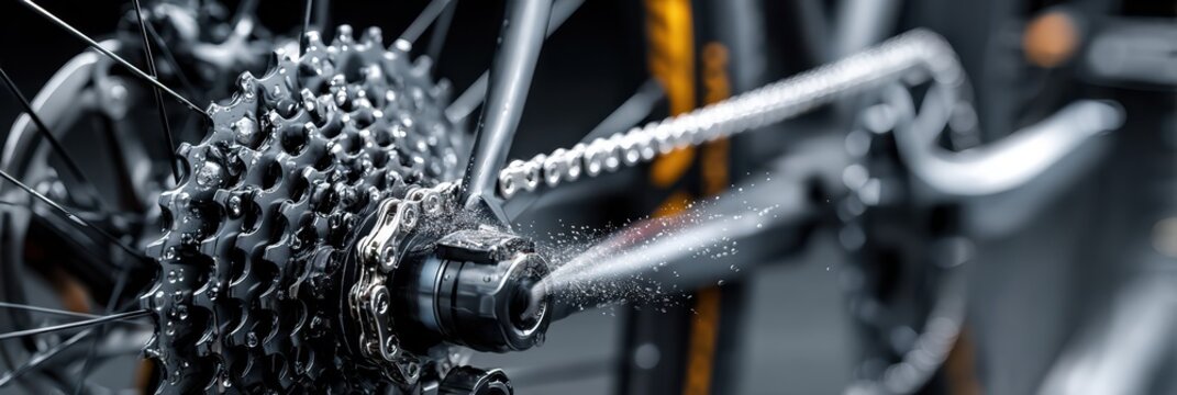 Bicycle maintenance with chain cleaning being applied in a workshop setting during the day