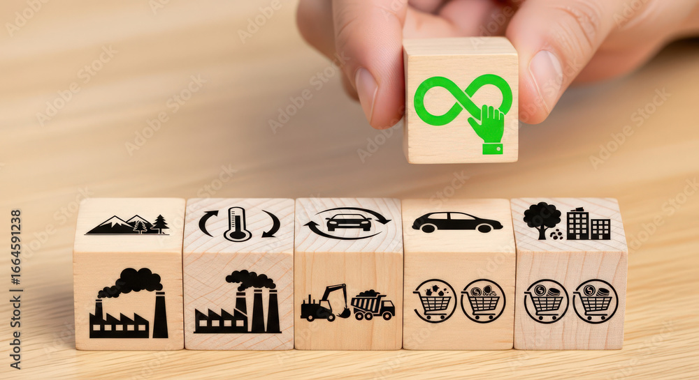 Poster circular economy and sustainable practices a hand placing a block with an infinity symbol representi