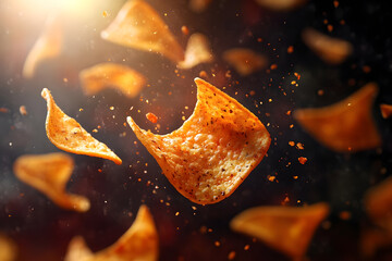Dynamic scene of floating nacho chips with spices and sunlight for snack advertising