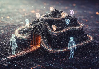 Digital fortress safeguarded by glowing energy flows, protecting sensitive information and data, secured by modern cybersecurity shields, featuring futuristic AI guardians