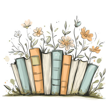Colorful books with flowers growing from them