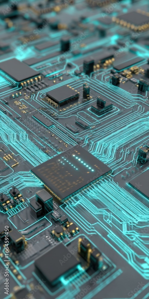 Poster advanced circuit board close-up: high-tech electronic components with glowing traces and microproces