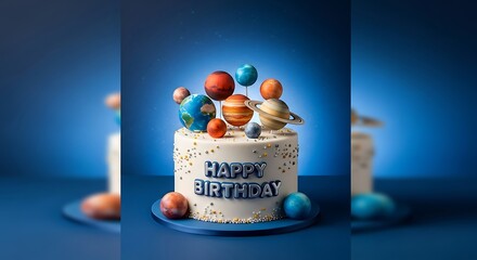 Space Themed Birthday Cake with Planets on Blue Background.