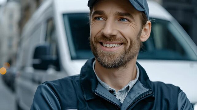 A happy delivery man with a friendly smile stands confidently outside a white van. He is a professional looking at something to the side with a satisfied expression.