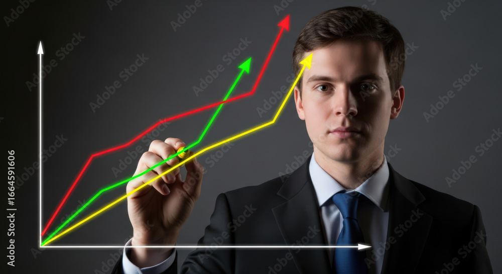Poster visualizing success a businessman illustrating growth and progress with upward trending arrows on a 