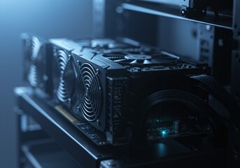 Close-up of multiple graphics processing units powering a digital server, illustrating the hardware for advanced computing and data processing