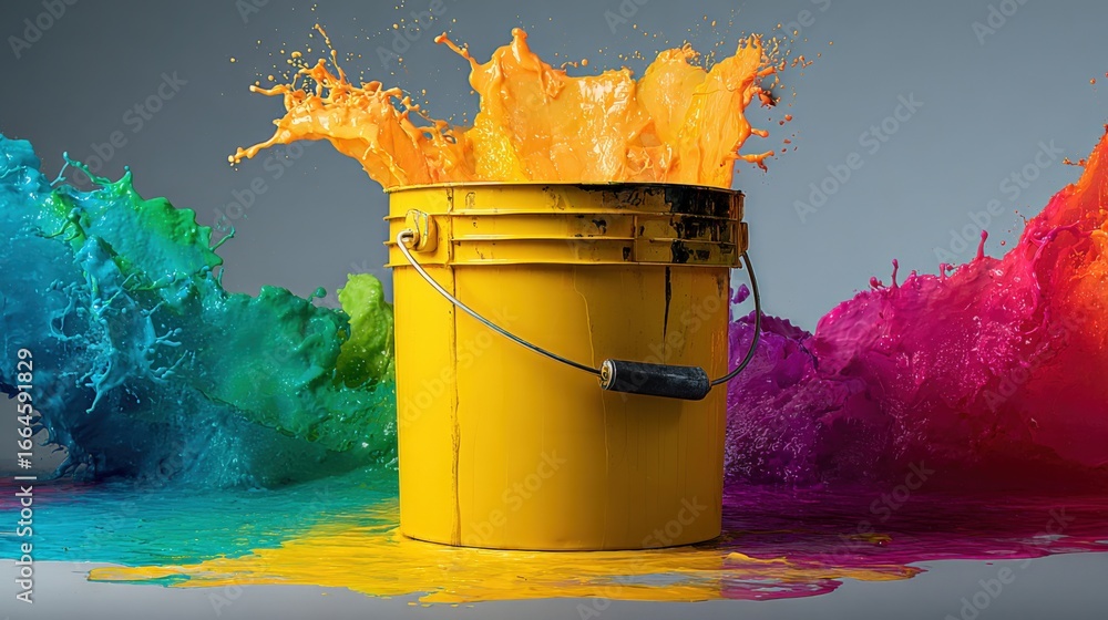Poster vibrant paint splashes bursting from a yellow bucket, creating a colorful explosion of artistic expr