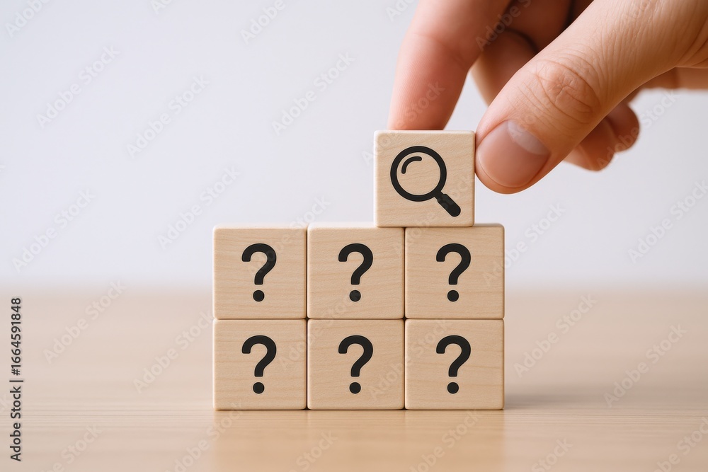 Poster hand places magnifying glass cube atop question mark blocks representing discovery and problem solvi
