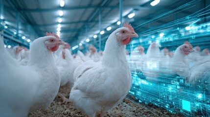 Modern Poultry Farming: White Chickens in Automated Farm with Futuristic Technology Overlay