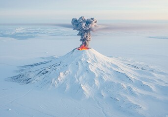 Volcanic eruption spews ash and smoke into the sky above a snow-covered mountain, showcasing the raw power and beauty of nature's forces