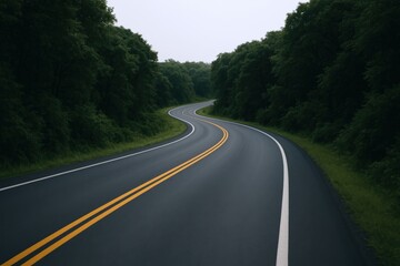 Scenic winding road through lush green forest, symbolizing travel, adventure, and a journey forward