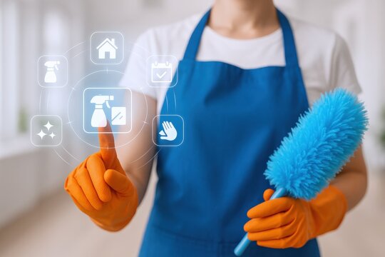 Professional cleaner selecting cleaning tasks with futuristic interface, wearing an apron and holding a duster