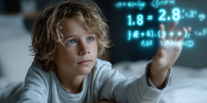 Thoughtful child studies glowing math formulas with augmented reality at night