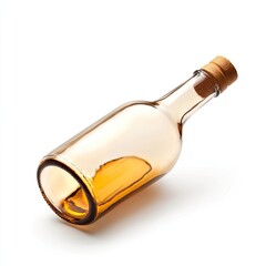 Fototapeta premium Empty amber glass bottle, slightly askew, on white background. Light amber tint