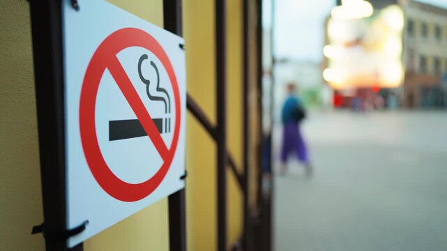 There is a No Smoking sign located near a public area where a person can be seen walking by the sign