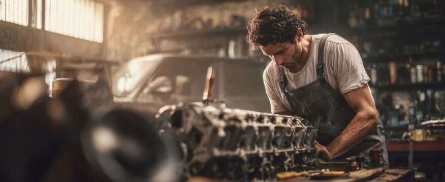 The Engine Block Rebuilt by a Focused Mechanic in a Rustic Sunlit Garage - Powered by Adobe