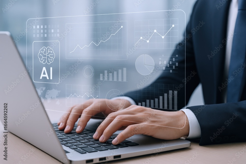 Poster businessman analyzing data with laptop and ai interface: business intelligence and technology concep