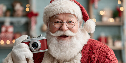 Smiling Santa holding a vintage camera in cozy holiday interior with lights