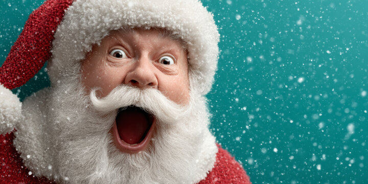 Surprised Santa face with open mouth amid falling snow on teal backdrop, festive