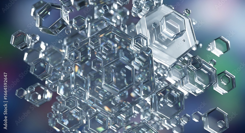 Poster abstract crystal cluster: geometric arrangement of transparent hexagonal elements conveying modern d
