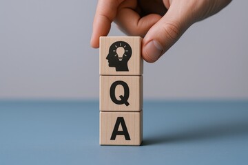 Q&A Concept with Wooden Blocks, Head, and Lightbulb Symbolizing Questions, Answers, Knowledge, and Ideas