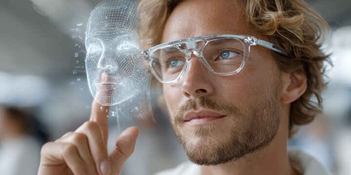 Young man using smart AR glasses to interact with holographic face UI display