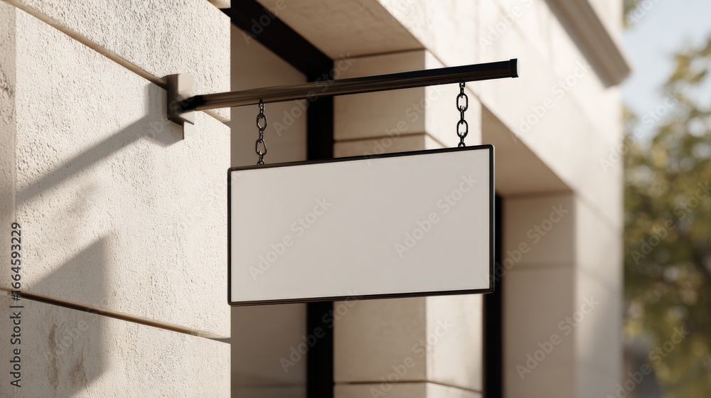 Poster blank rectangular signboard mockup hanging on a building exterior, ready for custom branding and bus