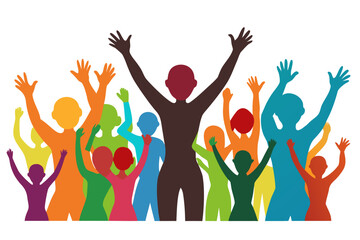 Diverse group of people celebrating with arms raised in unity and solidarity together