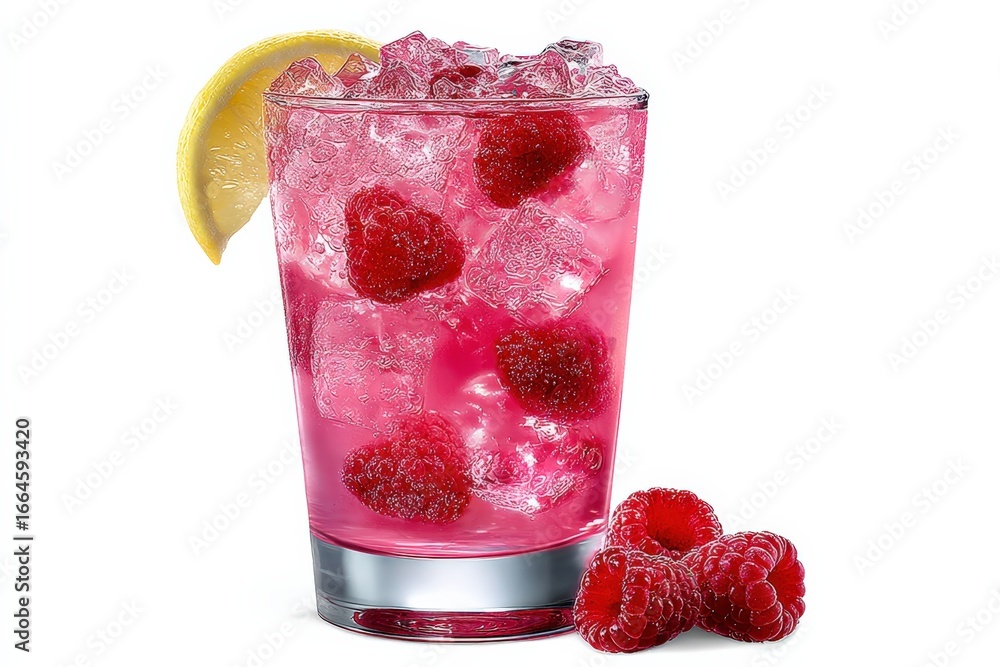 Aufkleber Refreshing Raspberry Cocktail with Lemon Slice and Crushed Ice on White Background