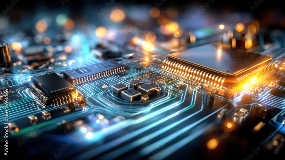 Poster complex electronic circuit board with microchips and processors, ideal for technology and engineerin