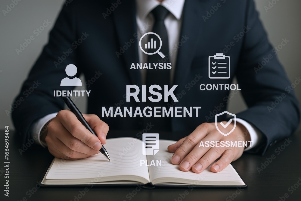 Poster risk management strategy: businessman analyzing risks and implementing controls for business success