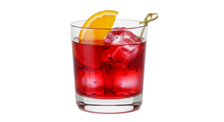 Ein Glas Negroni mit Eiswürfeln und Orangenscheibe, transparenter Hintergrund, PNG