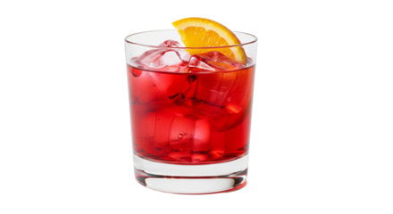 Ein Glas Negroni mit Eiswürfeln und Orangenscheibe, transparenter Hintergrund, PNG
