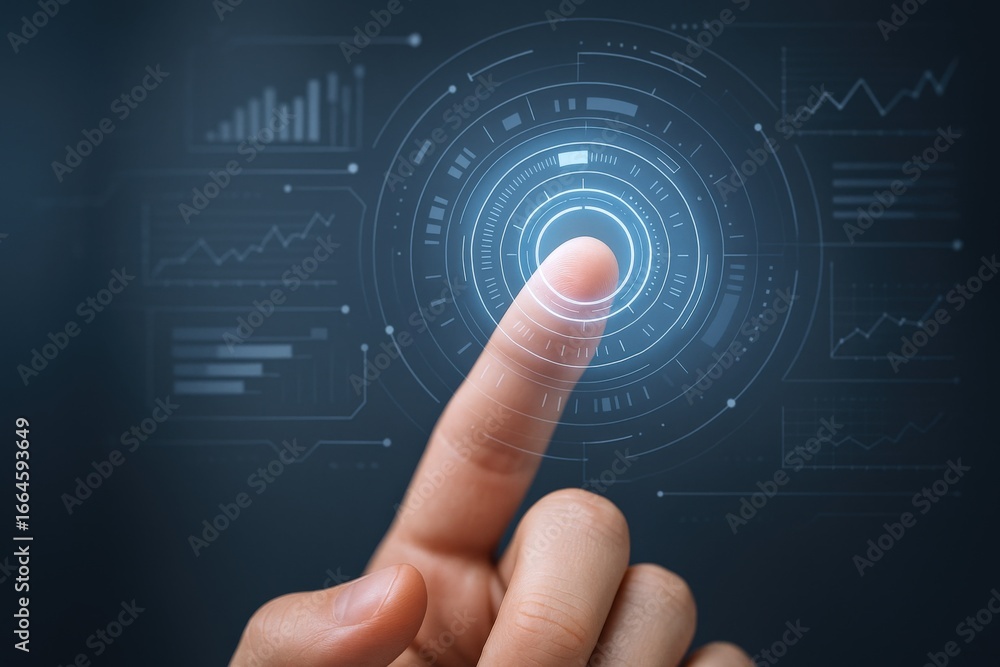 Poster finger touching futuristic digital interface with graphs and data visualization for technology conce
