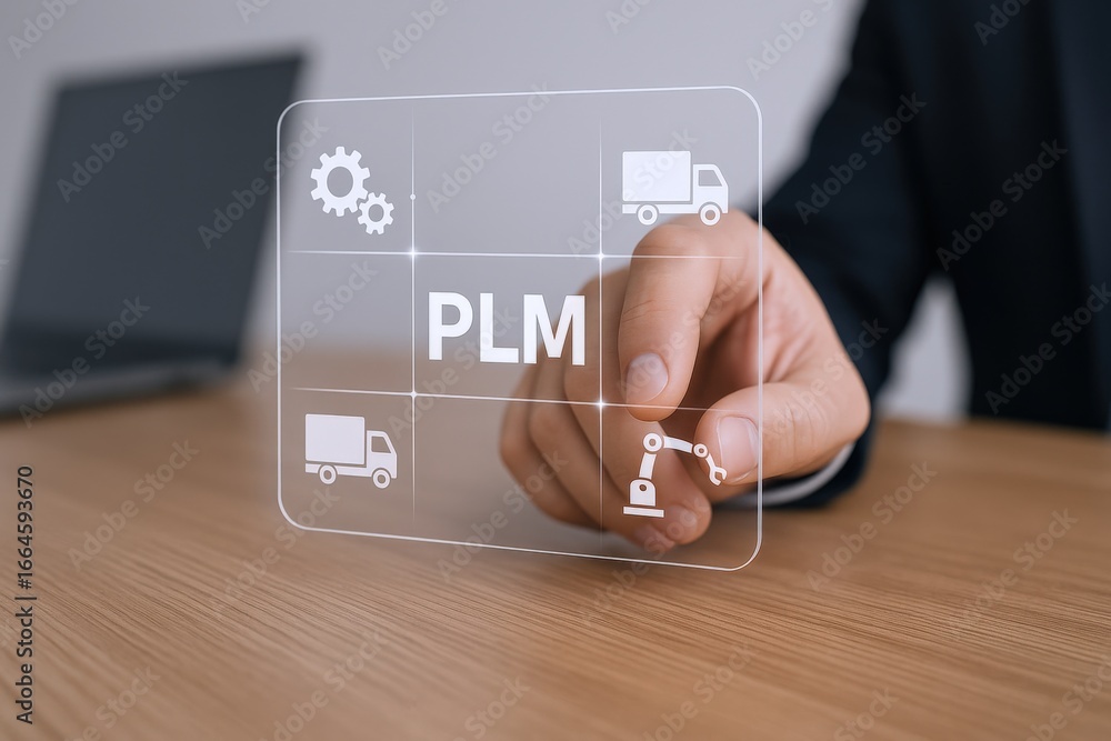 Poster product lifecycle management concept: person interacting with a digital interface showing plm and in