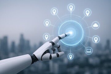 Futuristic Robot Hand Touching Digital Interface with Location Icons Over Cityscape Background