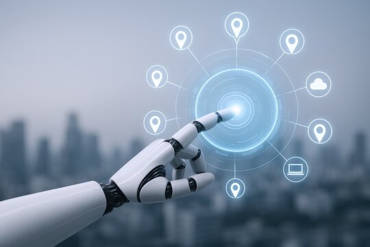 Futuristic Robot Hand Touching Digital Interface with Location Icons Over Cityscape Background