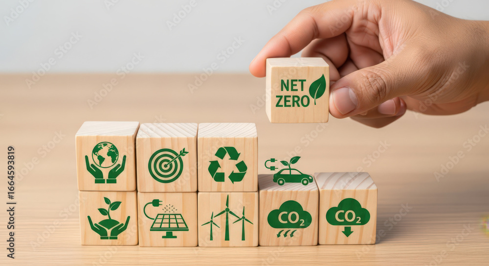 Poster achieving net zero emissions a sustainable future depicted through wooden blocks emphasizing environ