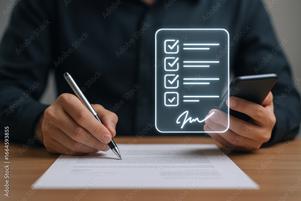 Poster person completing digital checklist on mobile device while signing document, showcasing technology a