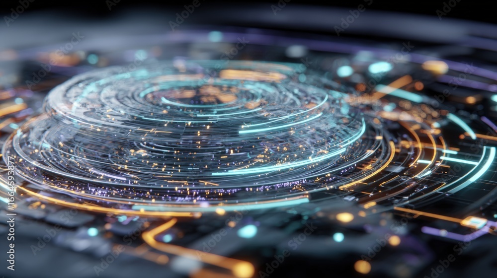 Poster abstract futuristic technology background with glowing lines and orbits for innovation and data visu