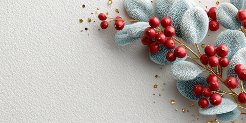 Modern winter composition with red berries and soft blue leaves on white