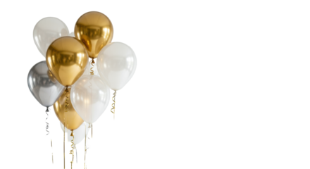 Elegant, premium metallic-sheen balloons (gold, silver, iridescent white) floating upward on a transparent seamless studio background, high-key. Concept of success and new beginnings