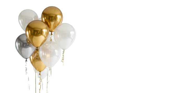 Elegant, premium metallic-sheen balloons (gold, silver, iridescent white) floating upward on a transparent seamless studio background, high-key. Concept of success and new beginnings