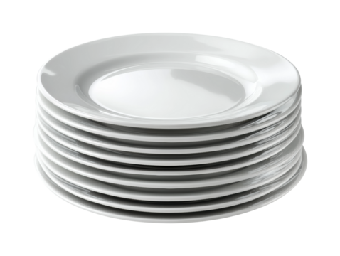 Dining event stacked white plates kitchen tableware top-down view isolated on transparent background, png