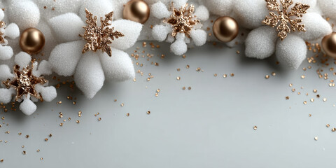 Fototapeta premium Elegant white winter border with gold snowflakes and baubles on gray background