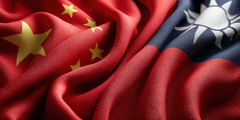Naklejka premium China and Taiwan flags crumpled together, showing rivalry, conflict, diplomacy