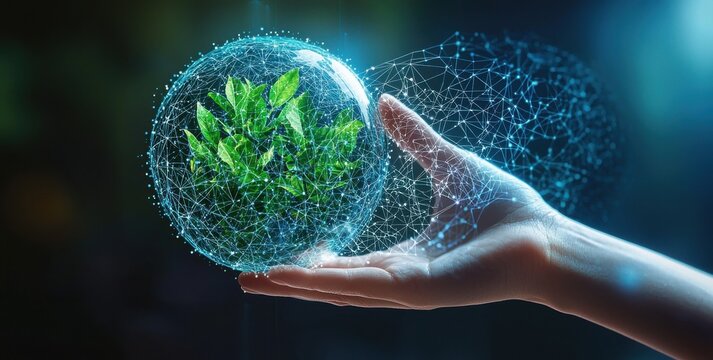 Futuristic woman interacting with a digital nature sphere